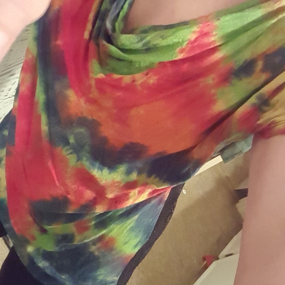 Tie Dye Red Green Yellow Sheer Back Cowl Neck - Picture 4 of 4
